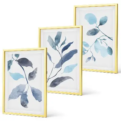 Composição de quadros moderna com folhas azuis em aquarela