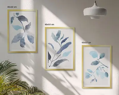 Composição de quadros moderna com folhas azuis em aquarela