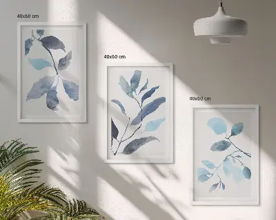 Composição de quadros moderna com folhas azuis em aquarela