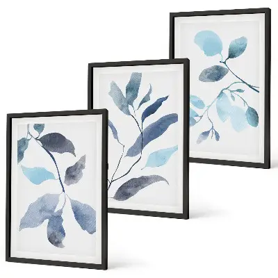 Composição de quadros moderna com folhas azuis em aquarela