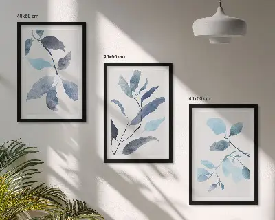 Composição de quadros moderna com folhas azuis em aquarela