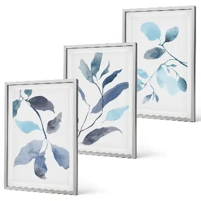 Composição de quadros moderna com folhas azuis em aquarela