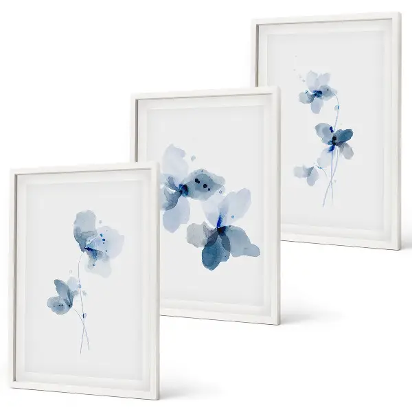 Conjunto de 3 quadros Flores azuis com moldura