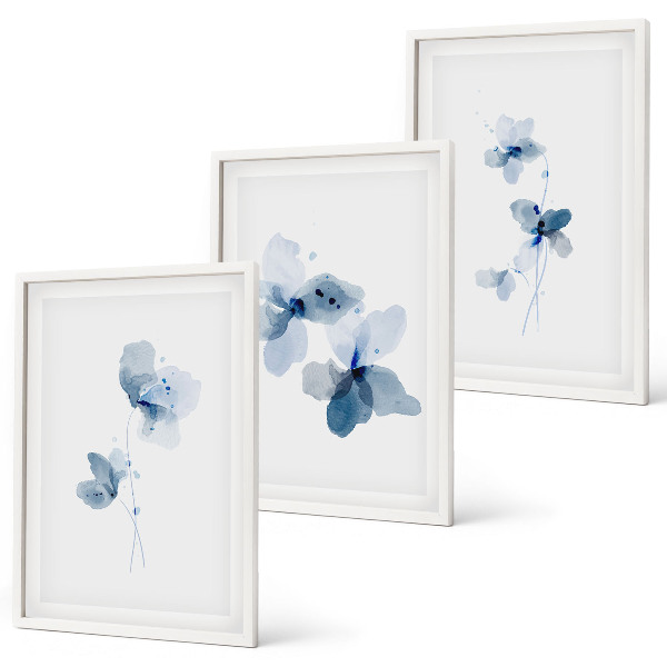 Conjunto de 3 quadros com moldura Flores azuis