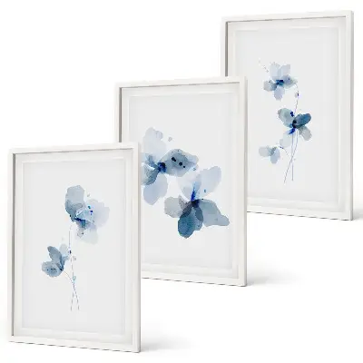 Conjunto de 3 quadros Flores azuis com moldura