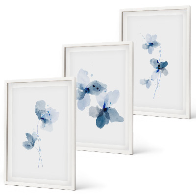 Conjunto de 3 quadros com moldura Flores azuis