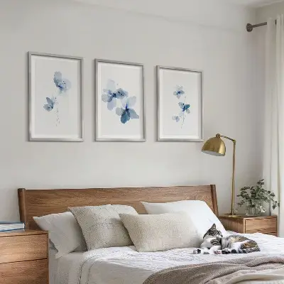 Conjunto de 3 quadros Flores azuis com moldura