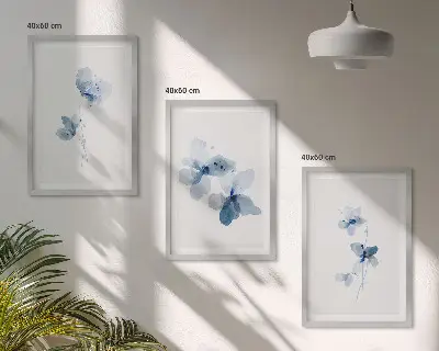 Conjunto de 3 quadros Flores azuis com moldura