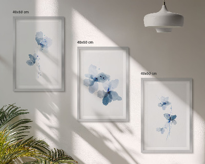 Conjunto de 3 quadros com moldura Flores azuis