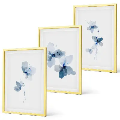 Conjunto de 3 quadros Flores azuis com moldura