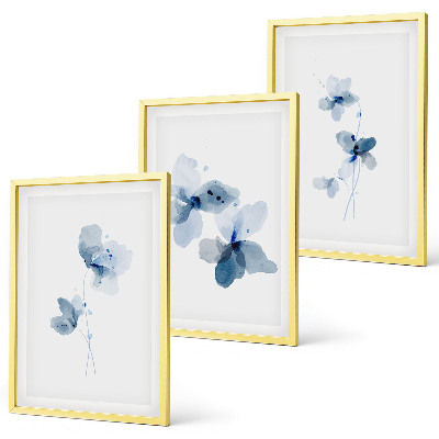 Conjunto de 3 quadros com moldura Flores azuis