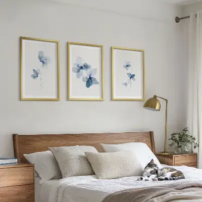 Conjunto de 3 quadros Flores azuis com moldura