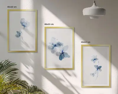 Conjunto de 3 quadros Flores azuis com moldura