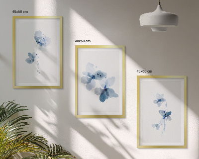 Conjunto de 3 quadros com moldura Flores azuis