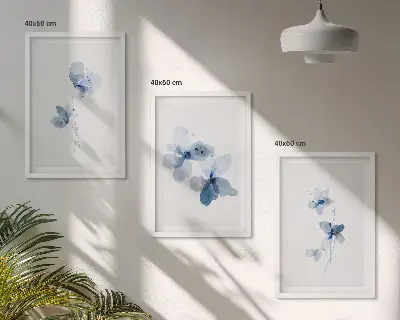 Conjunto de 3 quadros Flores azuis com moldura