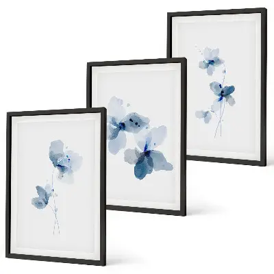 Conjunto de 3 quadros Flores azuis com moldura