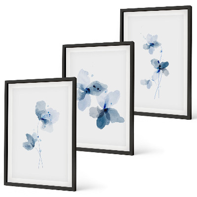 Conjunto de 3 quadros com moldura Flores azuis