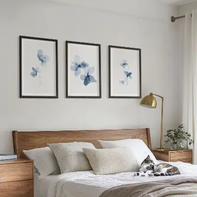Conjunto de 3 quadros Flores azuis com moldura