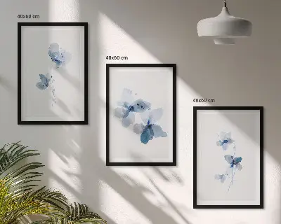 Conjunto de 3 quadros Flores azuis com moldura