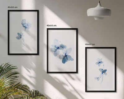 Conjunto de 3 quadros com moldura Flores azuis