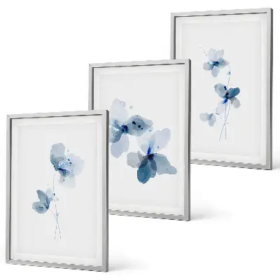 Conjunto de 3 quadros Flores azuis com moldura