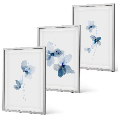 Conjunto de 3 quadros com moldura Flores azuis
