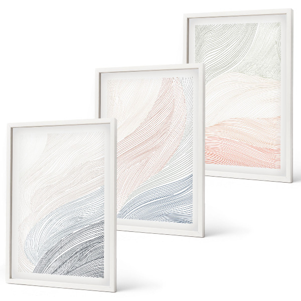 Conjunto de 3 quadros com moldura Ondas abstratas em papelão pastel