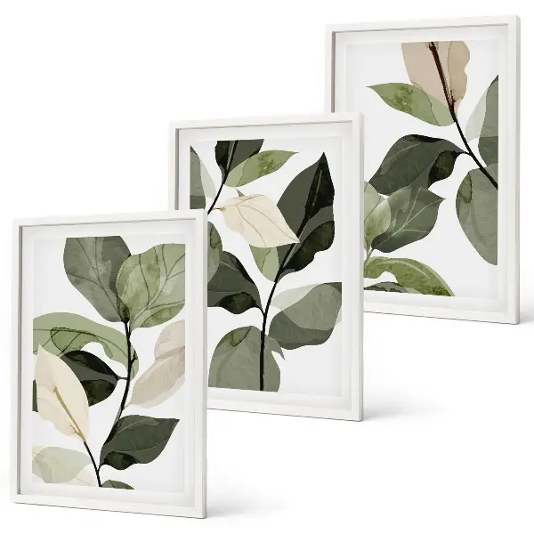 Composição de quadros moderna com folhas de plantas pintadas em estilo boho