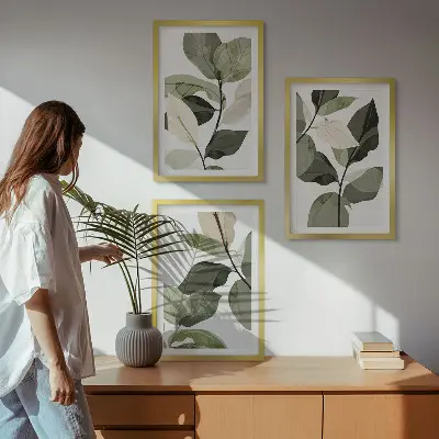 Composição de quadros moderna com folhas de plantas pintadas em estilo boho