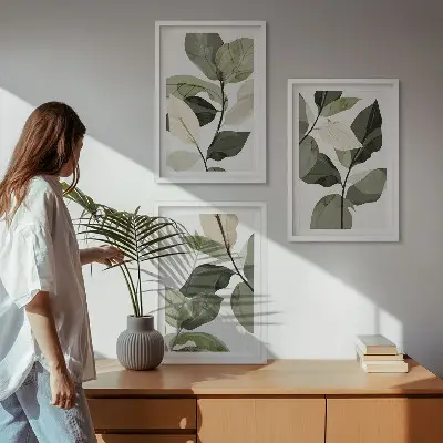 Composição de quadros moderna com folhas de plantas pintadas em estilo boho