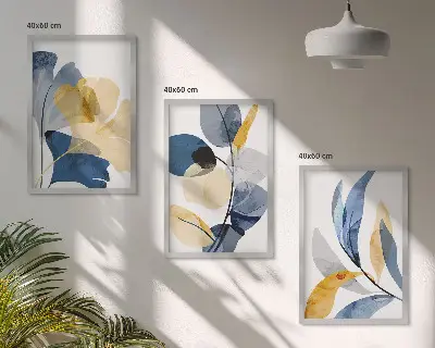 Conjunto de 3 quadros com moldura com motivos de plantas em aquarela