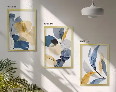 Conjunto de 3 quadros com moldura com motivos de plantas em aquarela