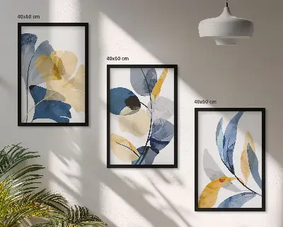 Conjunto de 3 quadros com moldura com motivos de plantas em aquarela