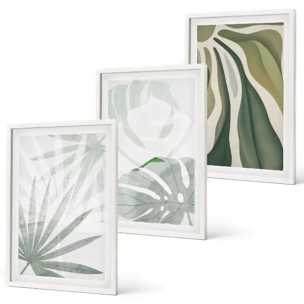 Conjunto de quadros para sala de estar com estampas de folhas de plantas em tons de verde e cinza