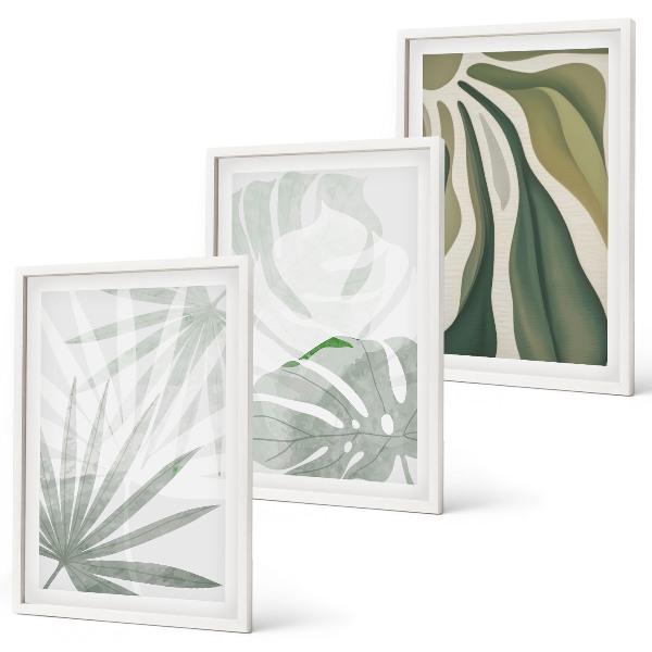 Conjunto de quadros para sala de estar Folhas de plantas em tons de verde e cinza.