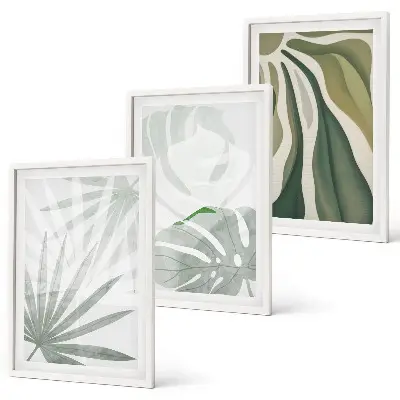 Conjunto de quadros para sala de estar com estampas de folhas de plantas em tons de verde e cinza