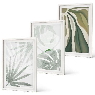 Conjunto de quadros para sala de estar Folhas de plantas em tons de verde e cinza.