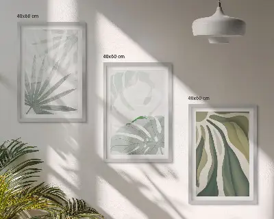 Conjunto de quadros para sala de estar com estampas de folhas de plantas em tons de verde e cinza