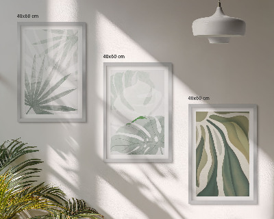 Conjunto de quadros para sala de estar Folhas de plantas em tons de verde e cinza.