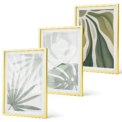 Conjunto de quadros para sala de estar com estampas de folhas de plantas em tons de verde e cinza