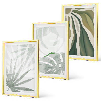 Conjunto de quadros para sala de estar Folhas de plantas em tons de verde e cinza.