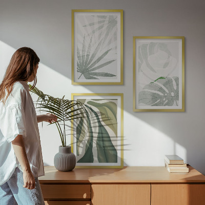 Conjunto de quadros para sala de estar Folhas de plantas em tons de verde e cinza.