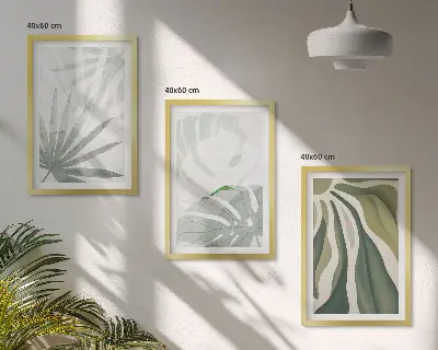 Conjunto de quadros para sala de estar com estampas de folhas de plantas em tons de verde e cinza