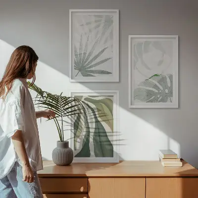 Conjunto de quadros para sala de estar com estampas de folhas de plantas em tons de verde e cinza