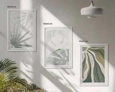Conjunto de quadros para sala de estar com estampas de folhas de plantas em tons de verde e cinza