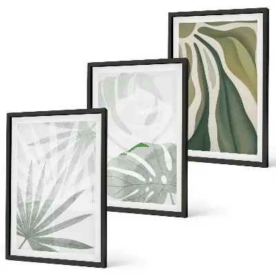 Conjunto de quadros para sala de estar com estampas de folhas de plantas em tons de verde e cinza