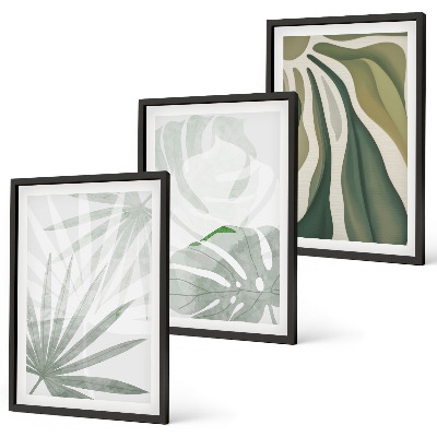 Conjunto de quadros para sala de estar Folhas de plantas em tons de verde e cinza.