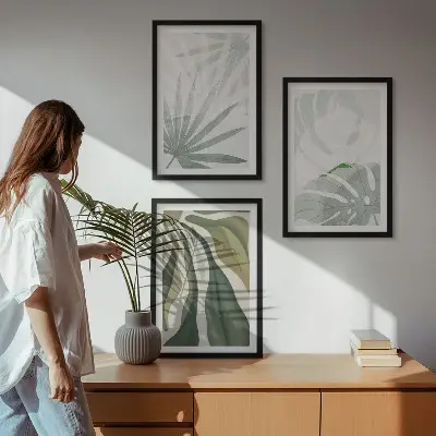 Conjunto de quadros para sala de estar com estampas de folhas de plantas em tons de verde e cinza