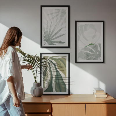 Conjunto de quadros para sala de estar Folhas de plantas em tons de verde e cinza.