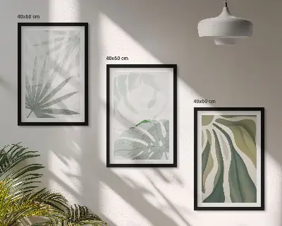 Conjunto de quadros para sala de estar com estampas de folhas de plantas em tons de verde e cinza